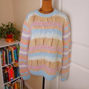Express 80s Grail Pastel Rainbow Striped Mohair Fluffy Knit Sweater Oversized